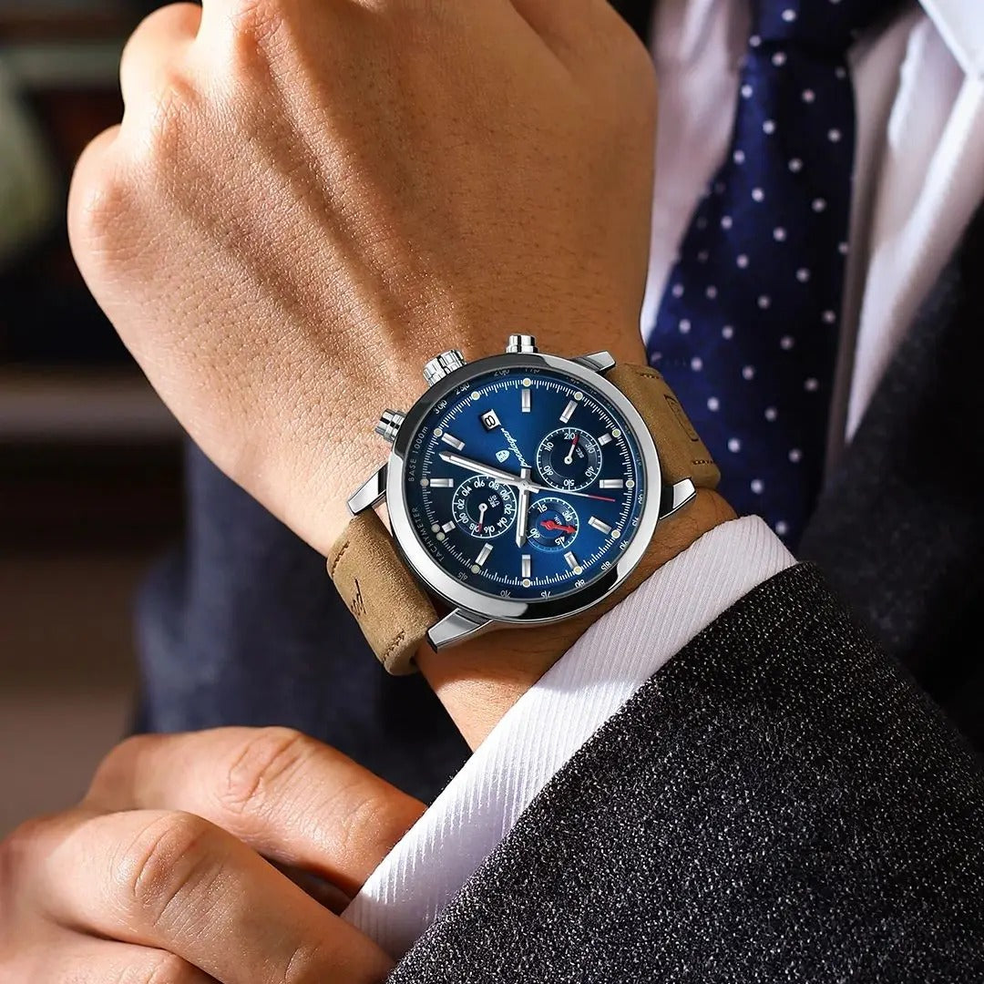 Stevvex ST682LMN23 blue dial chronograph men's watch with brown leather strap on Tampa Home & Garden Store