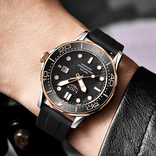 Stevvex black sport watch with rose-gold bezel, wave dial, date window, rubber strap on Tampa Home & Garden Store