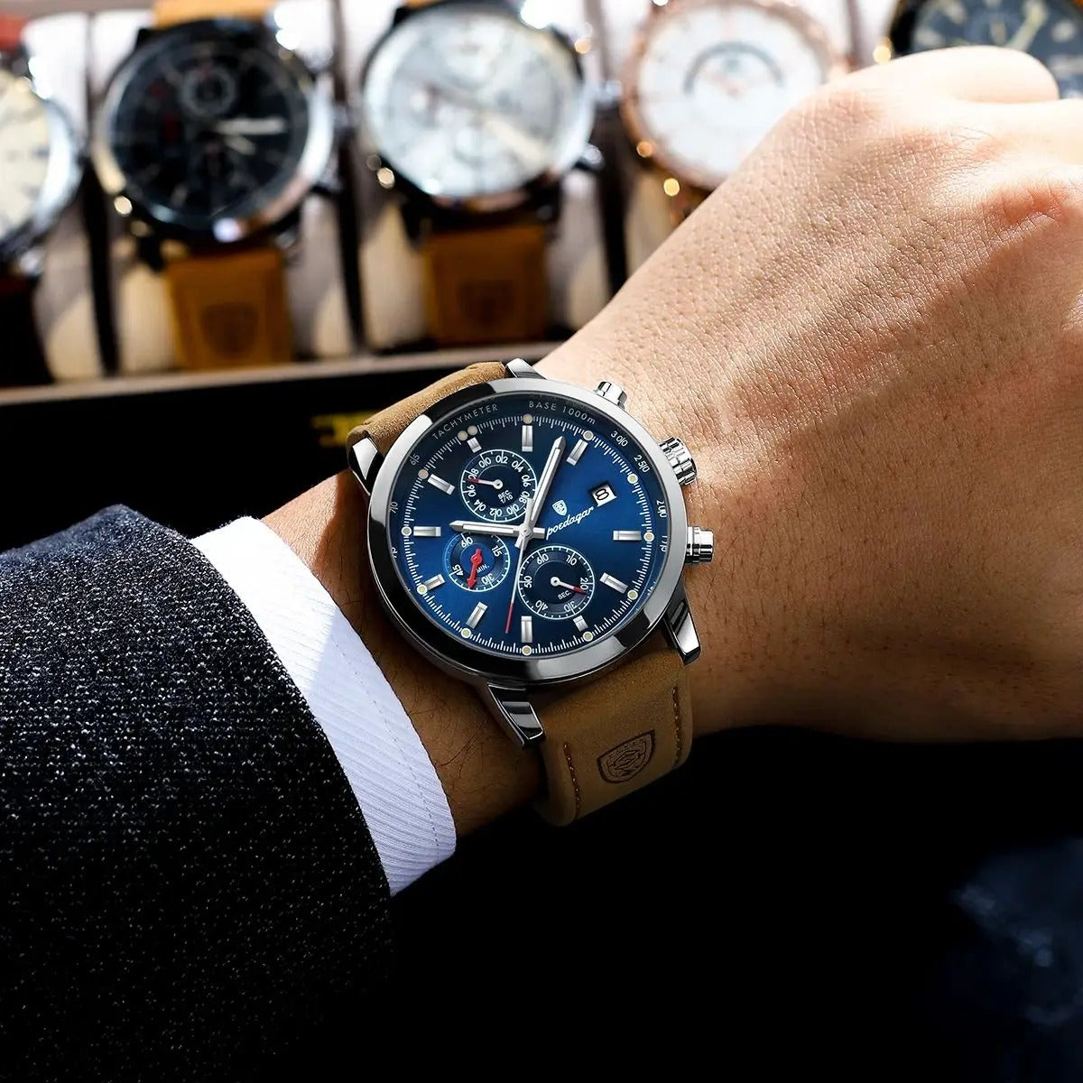 Stevvex ST682LMN23 men's luxury chronograph watch with blue dial, 3 subdials, tan leather strap on Tampa Home & Garden Store
