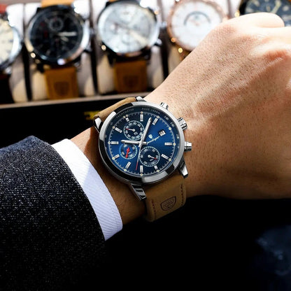 Stevvex ST682LMN23 men's luxury chronograph watch with blue dial, 3 subdials, tan leather strap on Tampa Home & Garden Store