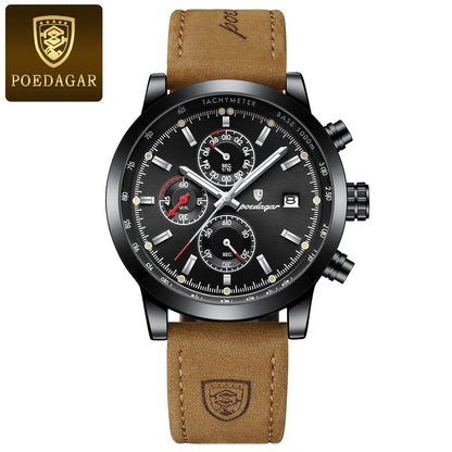 Mens chronograph watch with black dial, tachymeter bezel, brown leather strap, Poedagar logo on Tampa Home & Garden Store