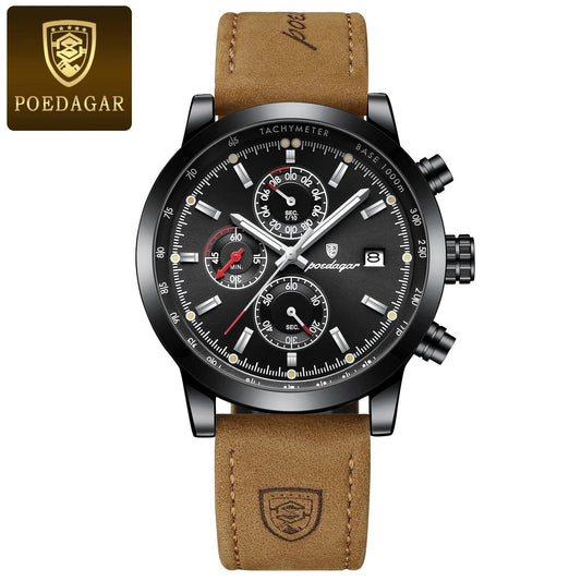 Mens chronograph watch with black dial, tachymeter bezel, brown leather strap, Poedagar logo on Tampa Home & Garden Store