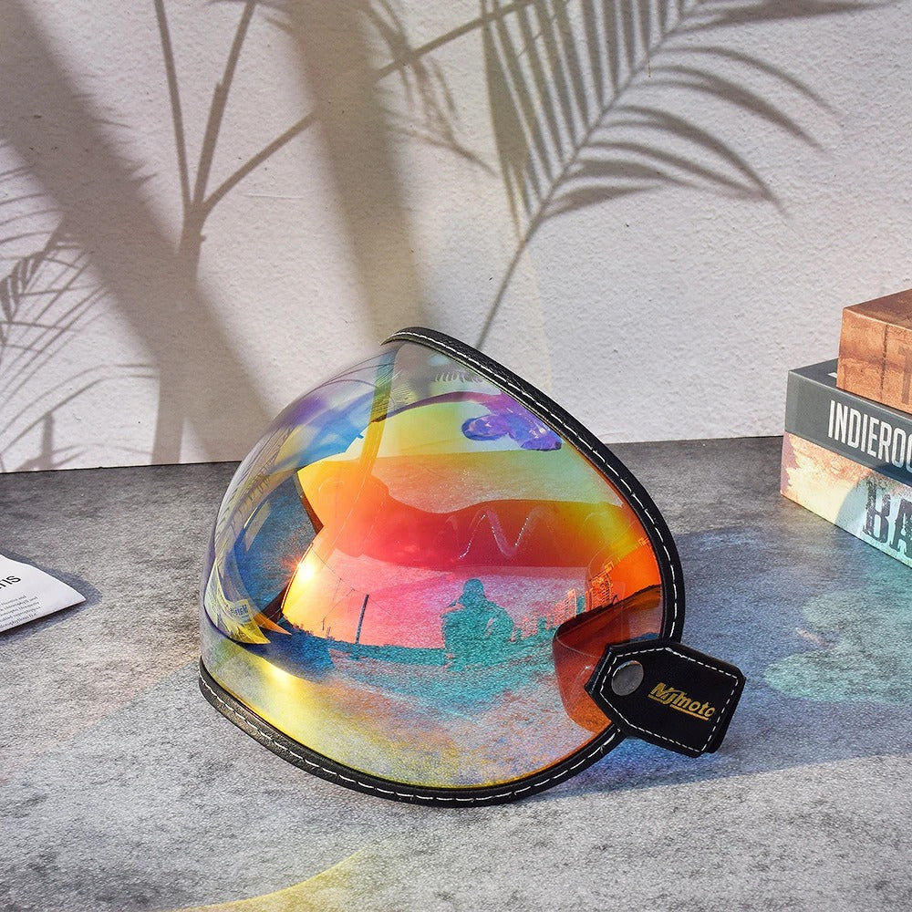 AeroShield Motorcycle Goggles with iridescent mirrored visor and black stitched edge on Tampa Home & Garden Store