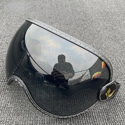 AeroShield Motorcycle Goggles by BikerZoneZ with mirrored UV lens, black frame and stitched strap on Tampa Home & Garden Store