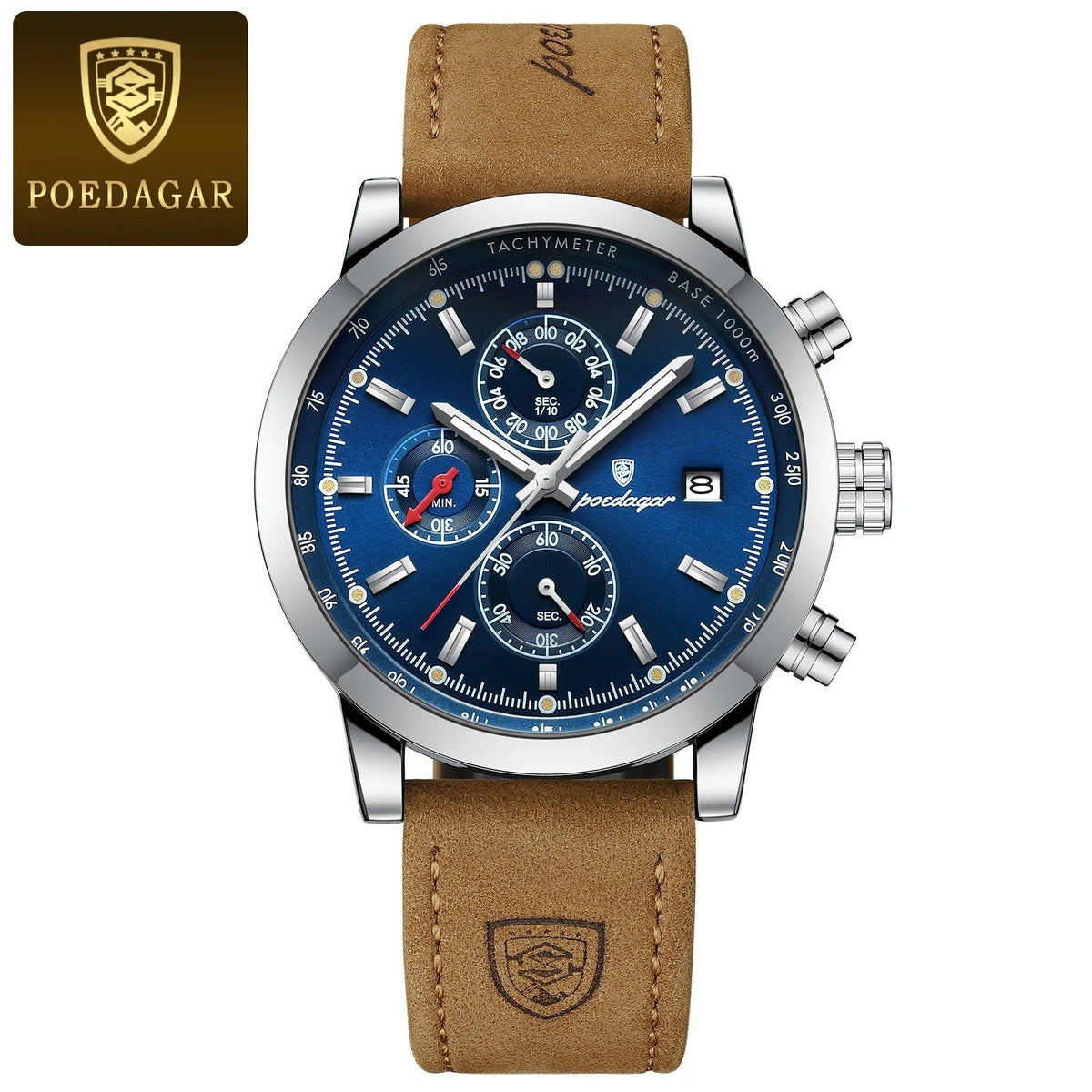 Men's luxury chronograph wristwatch blue dial with brown leather strap POEDAGAR on Tampa Home & Garden Store