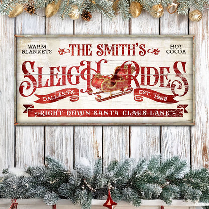 Sleigh Rides Christmas Sign III canvas by Tailored Canvases with red vintage lettering on Tampa Home & Garden Store
