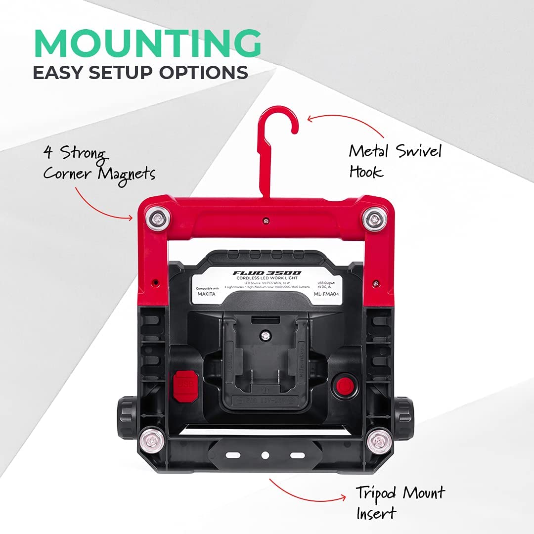 LED Work Flood Light Master Tailgaters red handle, black body with metal swivel hook on Tampa Home & Garden Store