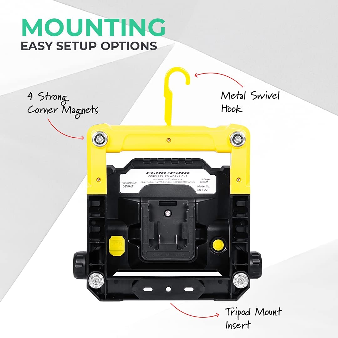 LED Work Flood Light Master Tailgaters yellow/black, Dewalt 20V compatible, magnets, hook on Tampa Home & Garden Store
