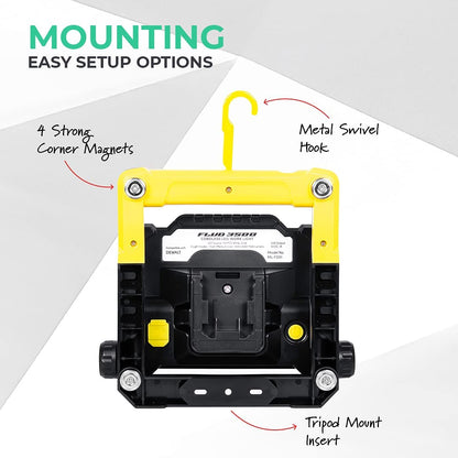 LED Work Flood Light Master Tailgaters yellow/black, Dewalt 20V compatible, magnets, hook on Tampa Home & Garden Store