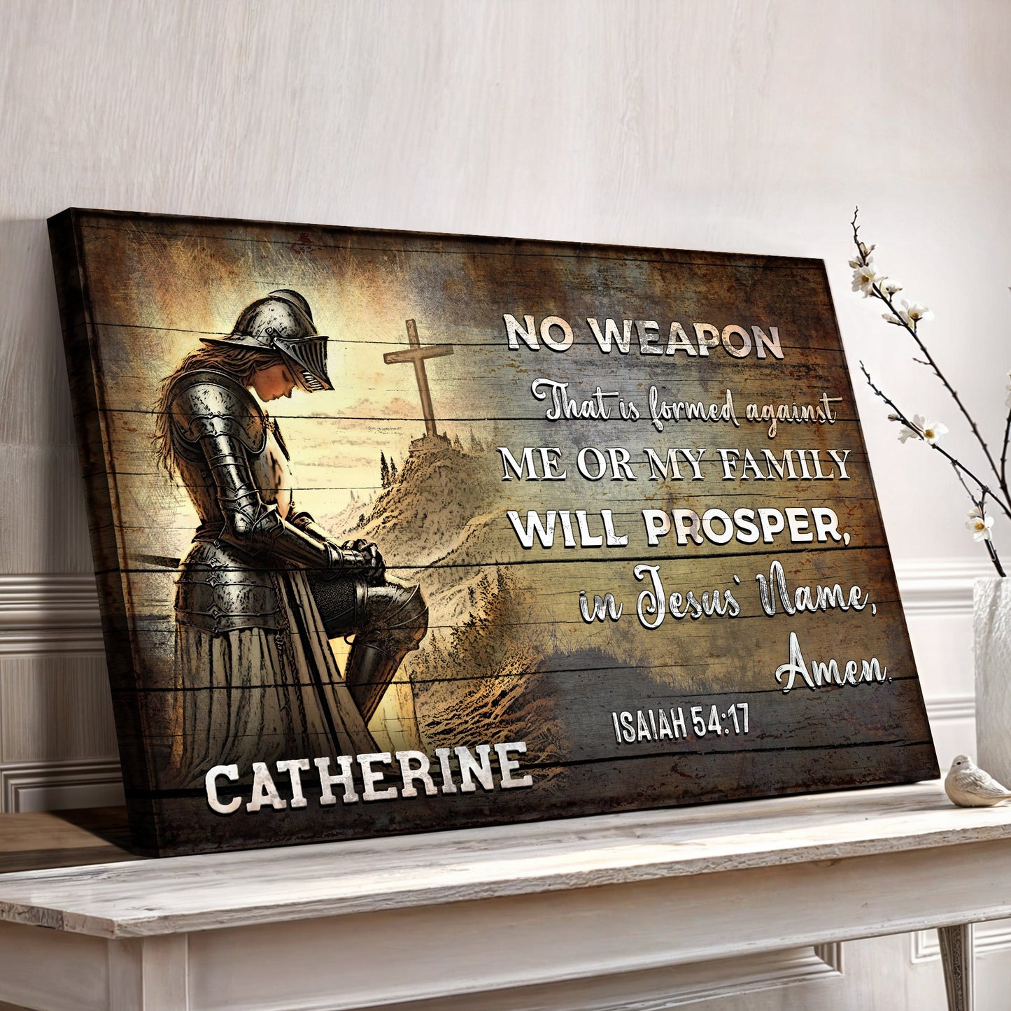 Canvas sign No Weapon That Is Formed Against You Will Prosper Isaiah 54:17 on wood on Tampa Home & Garden Store