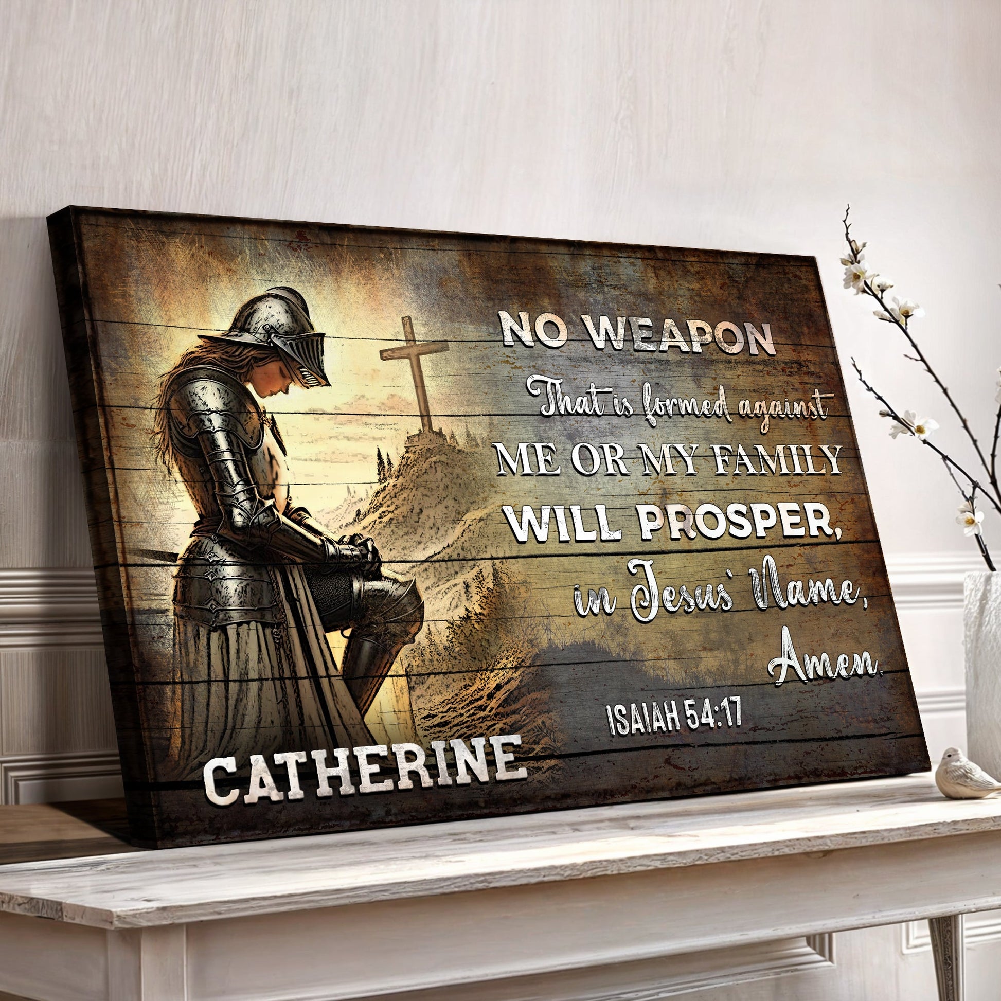 Canvas sign No Weapon That Is Formed Against You Will Prosper Isaiah 54:17 on wood on Tampa Home & Garden Store