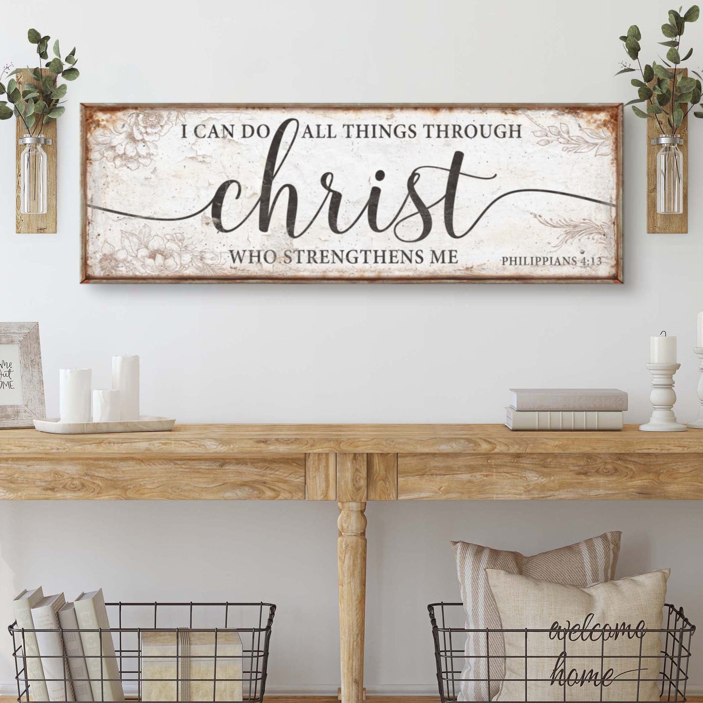 Faith sign canvas with I Can Do All Things Through Christ script and Philippians 4:13 greenery on Tampa Home & Garden Store