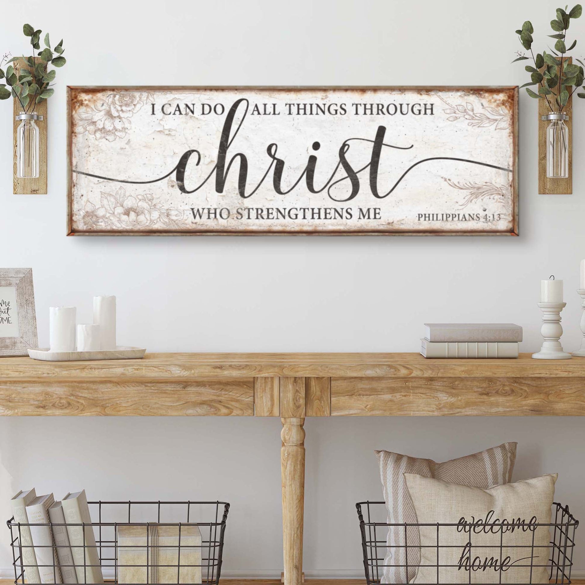 Faith sign canvas with I Can Do All Things Through Christ script and Philippians 4:13 greenery on Tampa Home & Garden Store