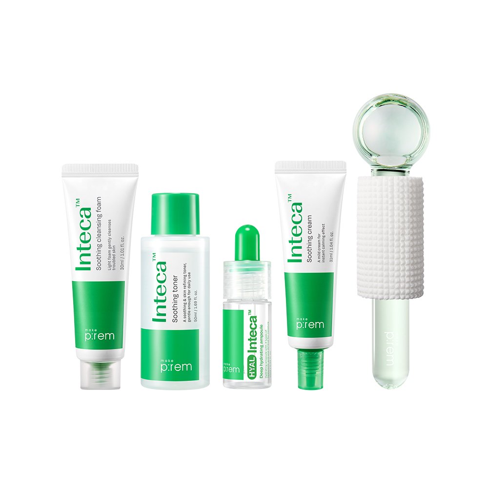 Skincare set Inteca Soothing Trial Kit by Seoulia, 6-piece with green tubes and glass roller on Tampa Home & Garden Store