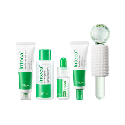 6-piece Seoulia Inteca Soothing Trial Kit with white-green tubes and bottles and massager on Tampa Home & Garden Store