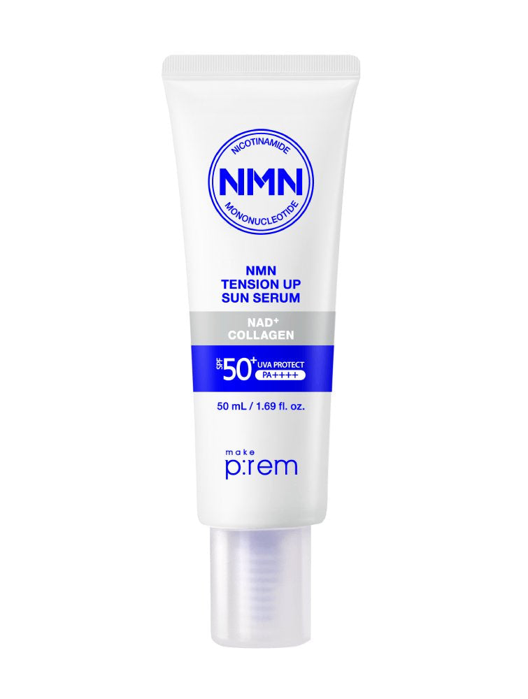 Sun serum make p:rem NMN Tension Up Sun Serum SPF50+ PA++++, white tube with blue NMN logo on Tampa Home & Garden Store