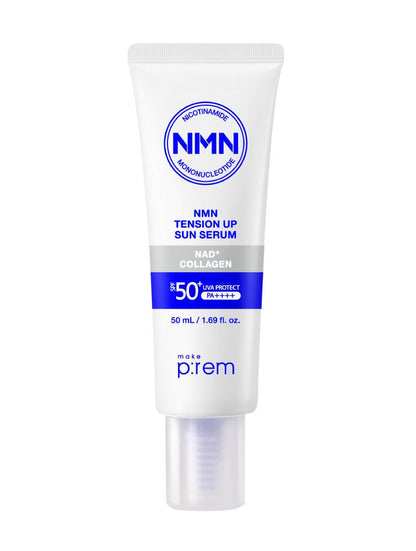 Sun serum make p:rem NMN Tension Up Sun Serum SPF50+ PA++++, white tube with blue NMN logo on Tampa Home & Garden Store