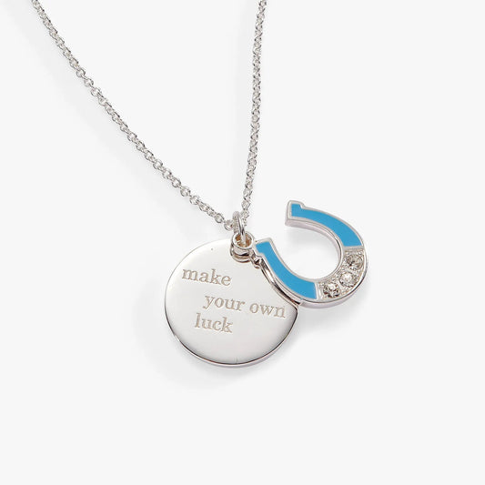 Alex and Ani Make Your Own Luck duo pendant necklace with silver chain and blue horseshoe on Tampa Home & Garden Store