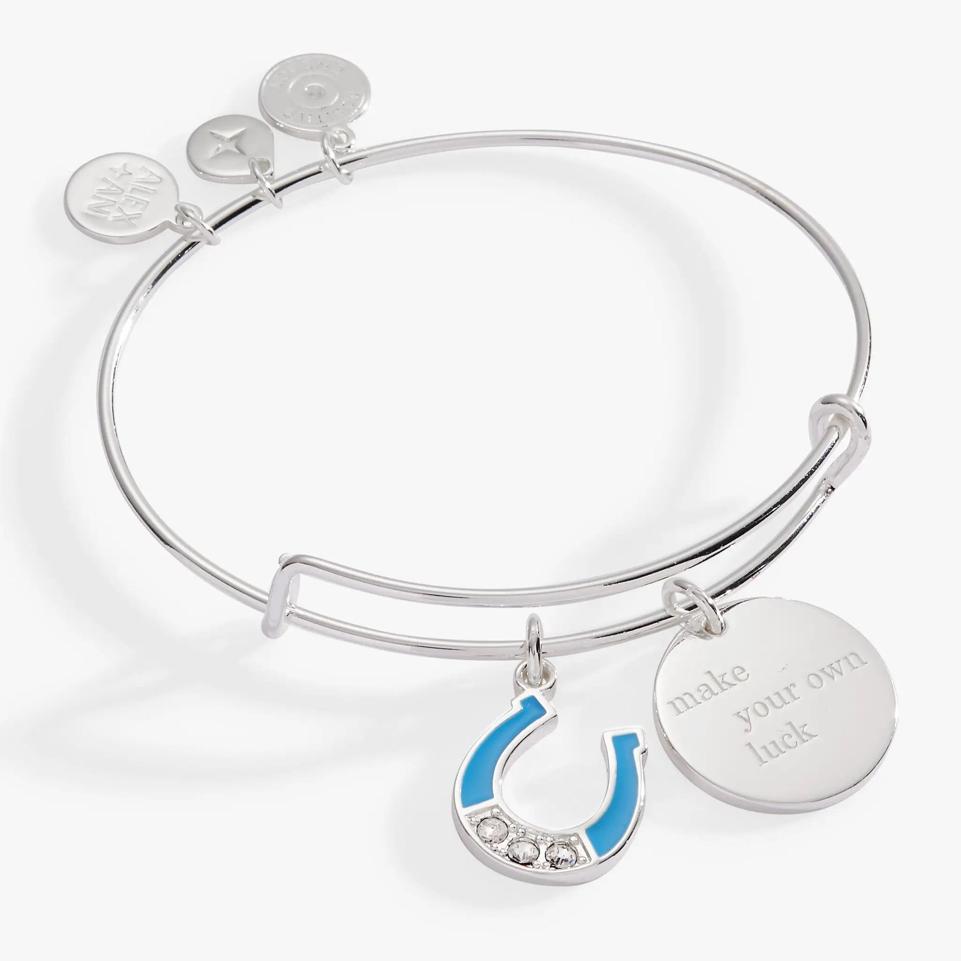 Make Your Own Luck Duo Charm Bangle, Alex and Ani silver bracelet with four engraved discs on Tampa Home & Garden Store