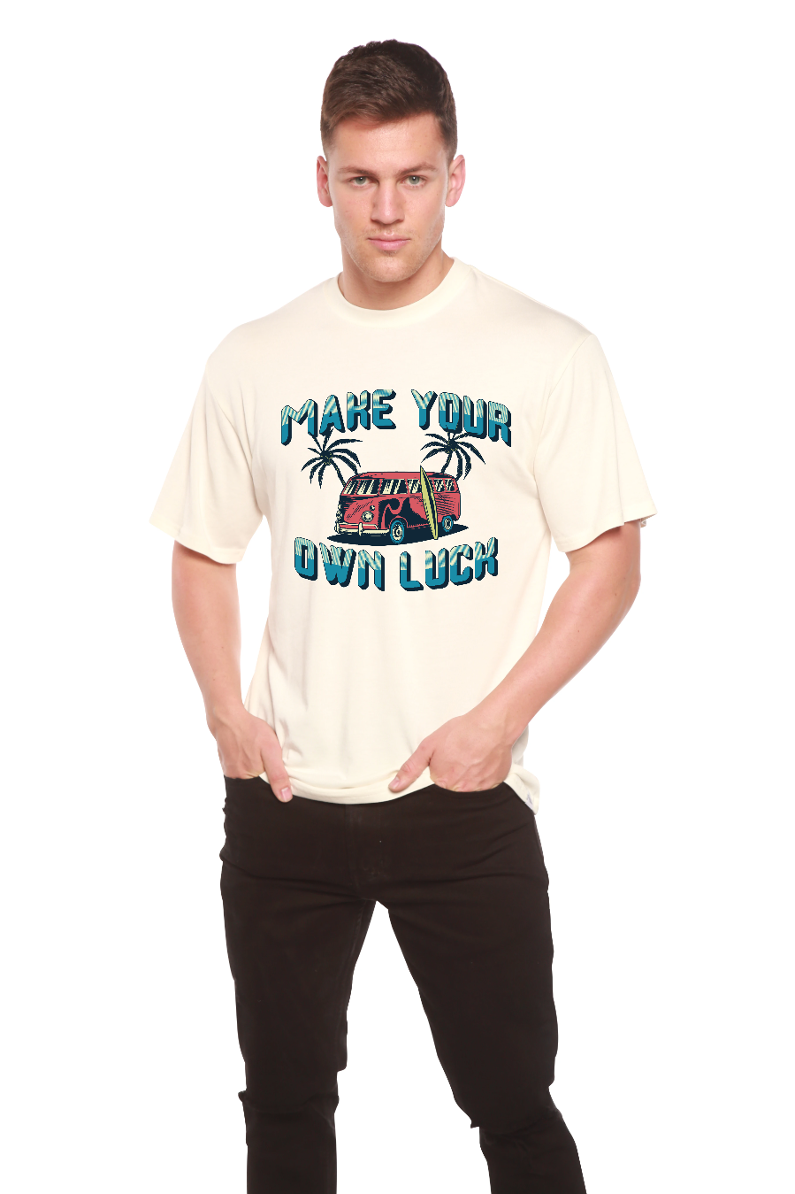Mens bamboo viscose graphic tee Make Your Own Luck Spun Bamboo with teal text and red van print on Tampa Home & Garden Store