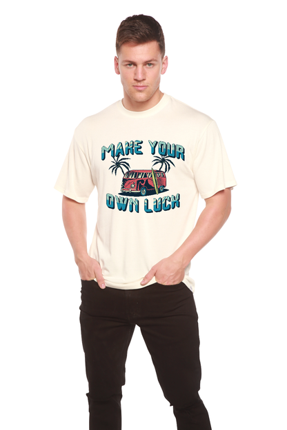 Mens bamboo viscose graphic tee Make Your Own Luck Spun Bamboo with teal text and red van print on Tampa Home & Garden Store