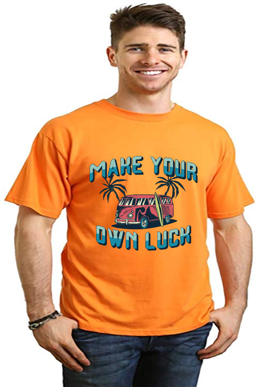Men's orange bamboo viscose/organic cotton tee Make Your Own Luck with palm trees and van on Tampa Home & Garden Store