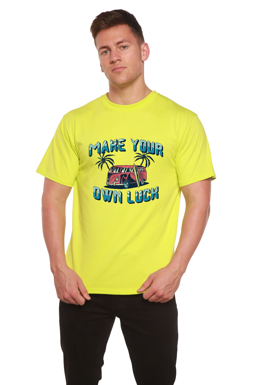 Men's bamboo viscose/organic cotton graphic T-shirt neon yellow with Make Your Own Luck palm van design by Spun Bamboo on Tampa Home & Garden Store