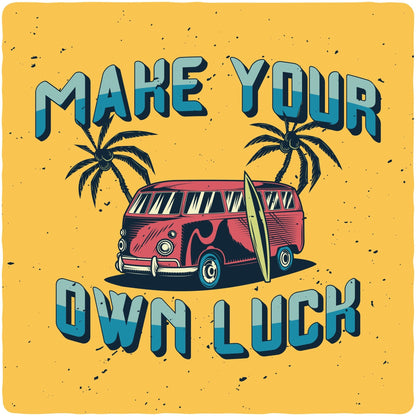 Make your own luck men's graphic tee with retro palm and van art on background bamboo viscose cotton on Tampa Home & Garden Store