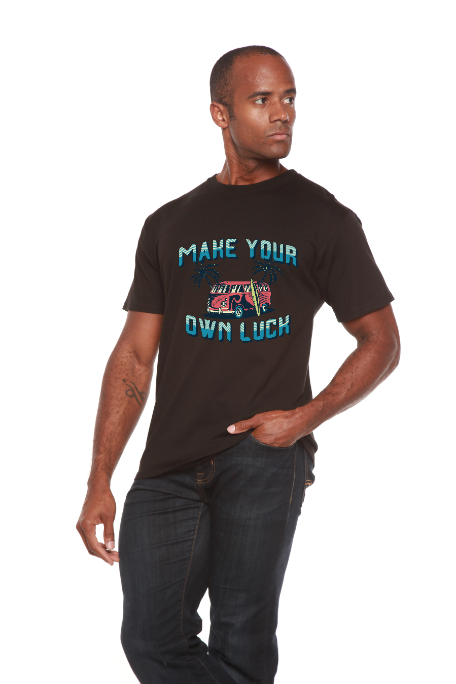 Men's black Spun Bamboo graphic tee with teal MAKE YOUR OWN LUCK and pink van print on Tampa Home & Garden Store