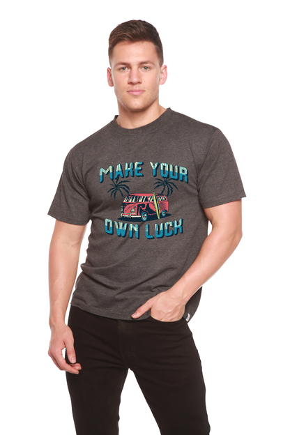 Men's charcoal bamboo viscose/organic cotton tee with palm trees and pink van Make Your Own Luck on Tampa Home & Garden Store