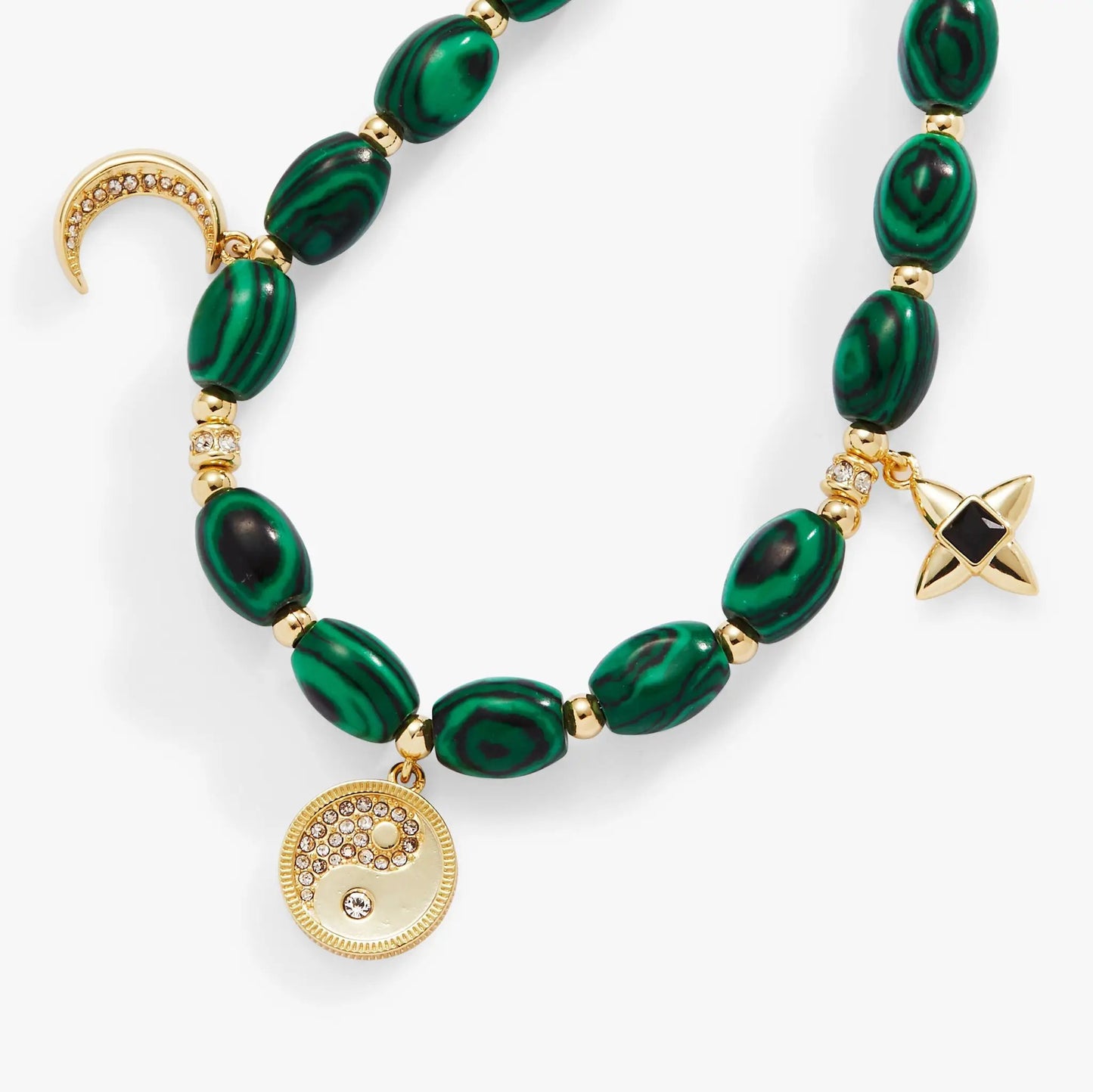 Malachite bead bracelet with gold-tone spacers and crystal disc charm by ALEX AND ANI on Tampa Home & Garden Store