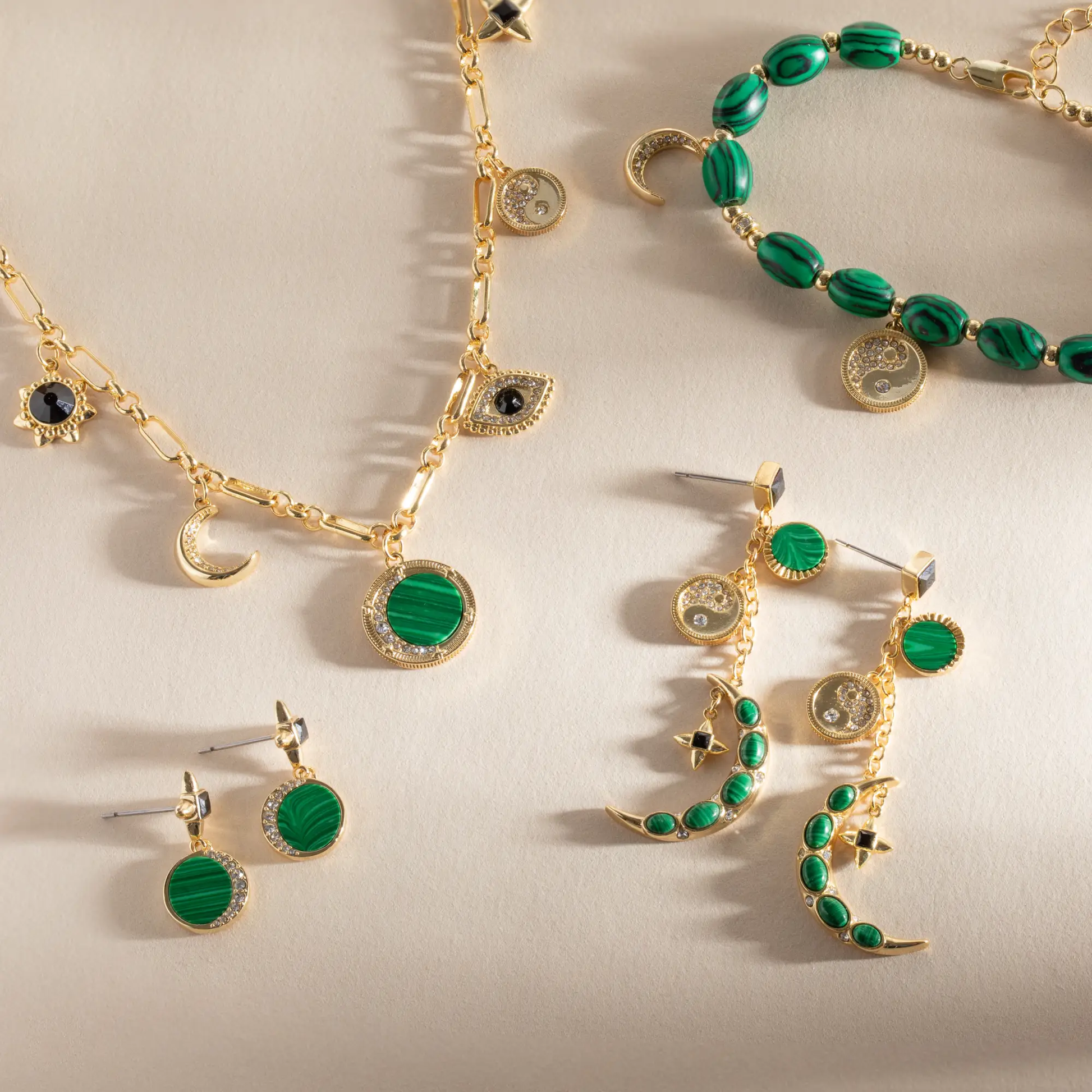 Malachite Charm Earrings by ALEX AND ANI in gold-tone with green malachite discs on Tampa Home & Garden Store