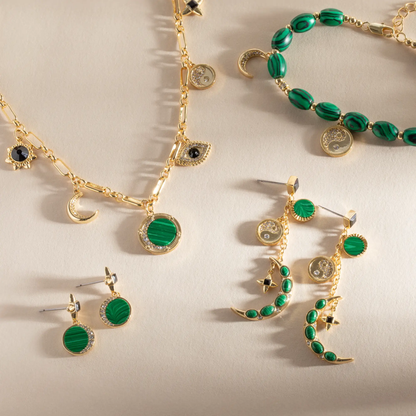 Malachite Charm Earrings by ALEX AND ANI in gold-tone with green malachite discs on Tampa Home & Garden Store