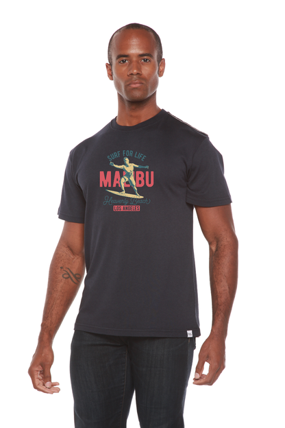 MALIBU men's bamboo viscose/organic cotton navy graphic tee with beach print by Spun Bamboo on Tampa Home & Garden Store