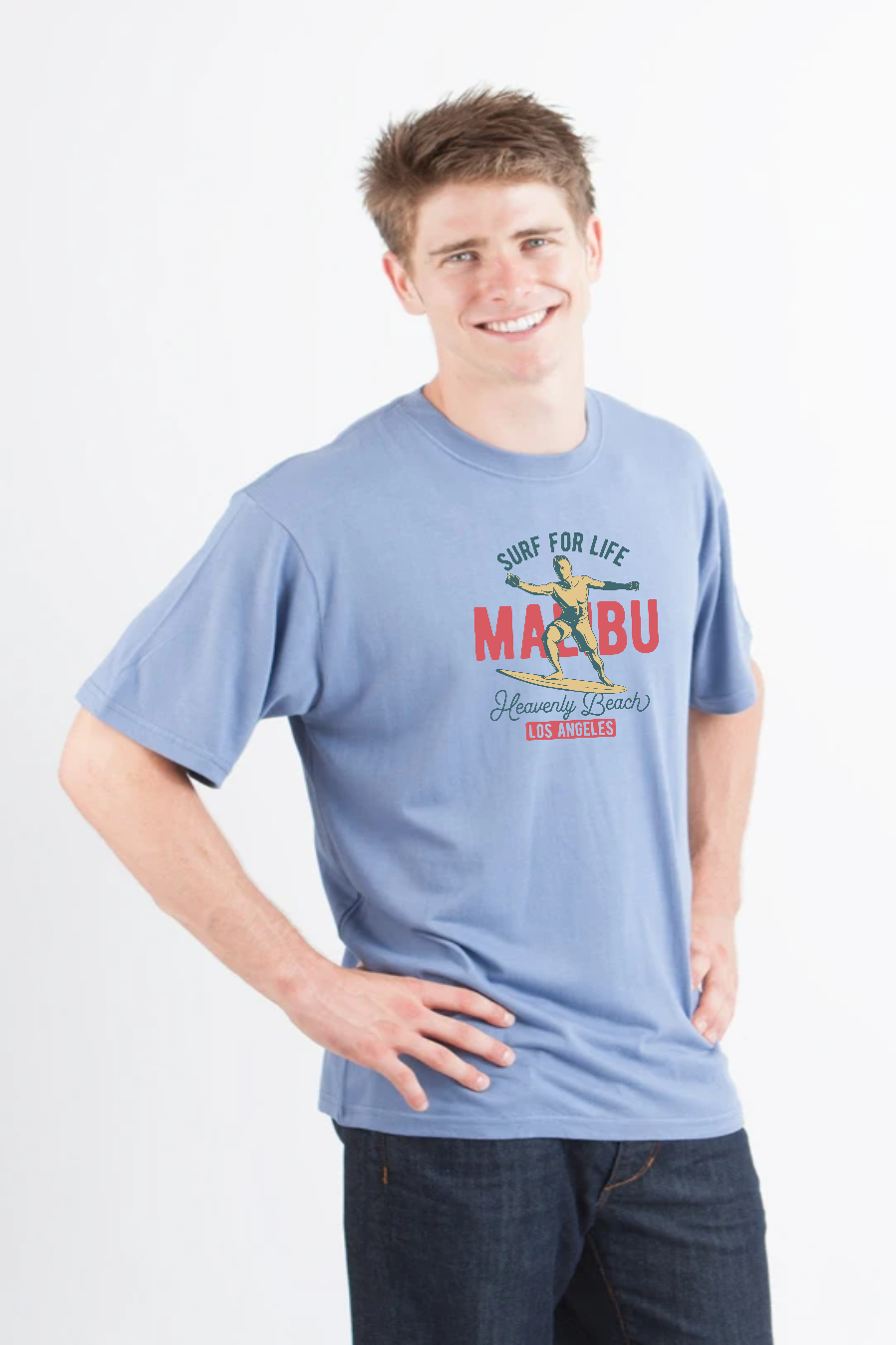 MALIBU men's graphic tee in light blue bamboo viscose/organic cotton with surf art on Tampa Home & Garden Store