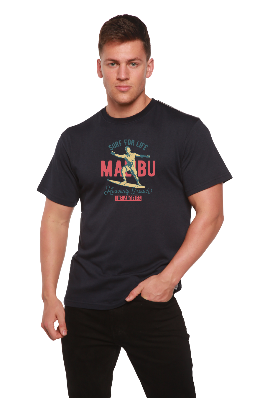 MALIBU men's graphic T-shirt in navy bamboo viscose/organic cotton, short sleeves on Tampa Home & Garden Store