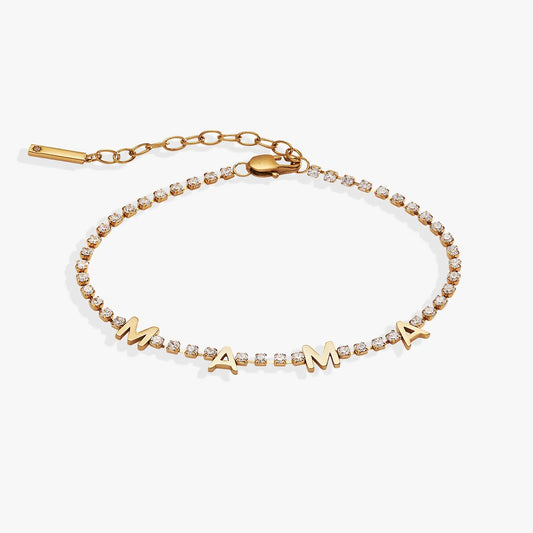 Gold-tone Mama Crystal Tennis Bracelet by ALEX AND ANI with diamond pave links and MAMA charms on Tampa Home & Garden Store