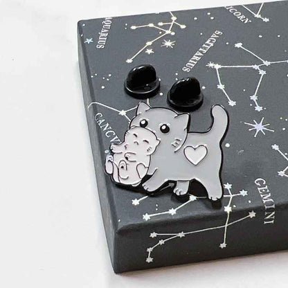 Mama Cat carrying kitten enamel pin by Shaketea, grey cat with heart, cute cat lover brooch on Tampa Home & Garden Store