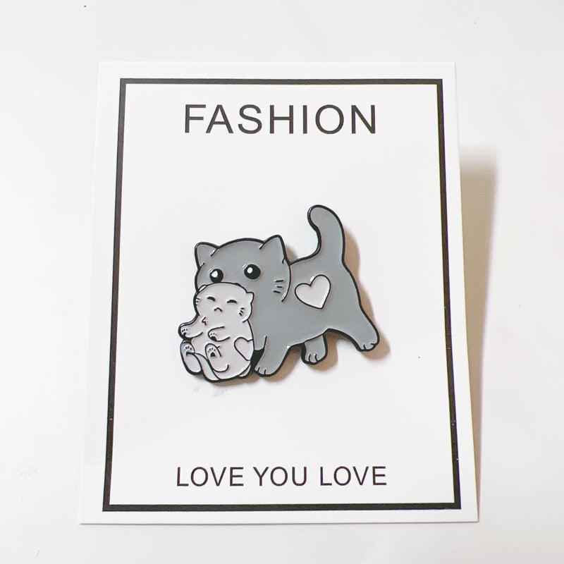 Mama cat enamel pin, gray with kitten and heart detail, by Shaketea on fashion card on Tampa Home & Garden Store