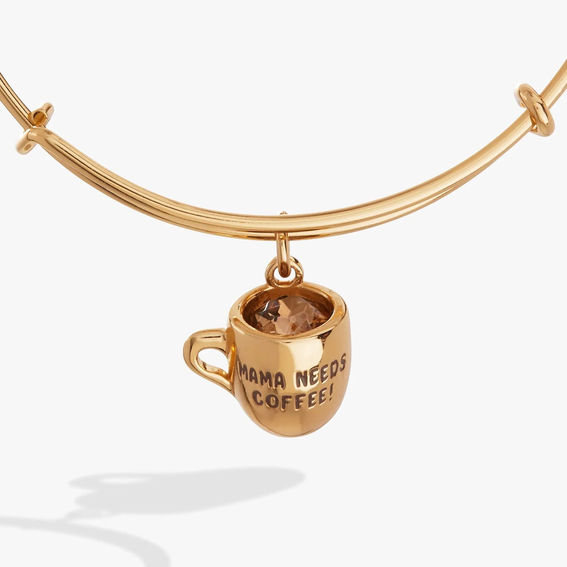 Gold-tone Mama Needs Coffee mug charm on an ALEX AND ANI bracelet with a faceted brown gem on Tampa Home & Garden Store