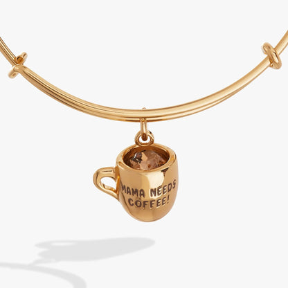 Gold-tone Mama Needs Coffee mug charm on an ALEX AND ANI bracelet with a faceted brown gem on Tampa Home & Garden Store