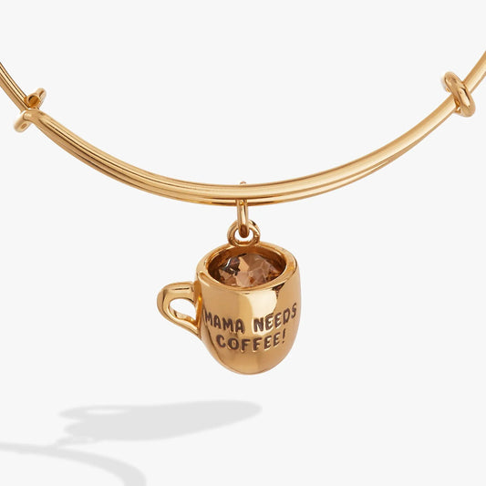 Gold-tone Mama Needs Coffee mug charm on an ALEX AND ANI bracelet with a faceted brown gem on Tampa Home & Garden Store