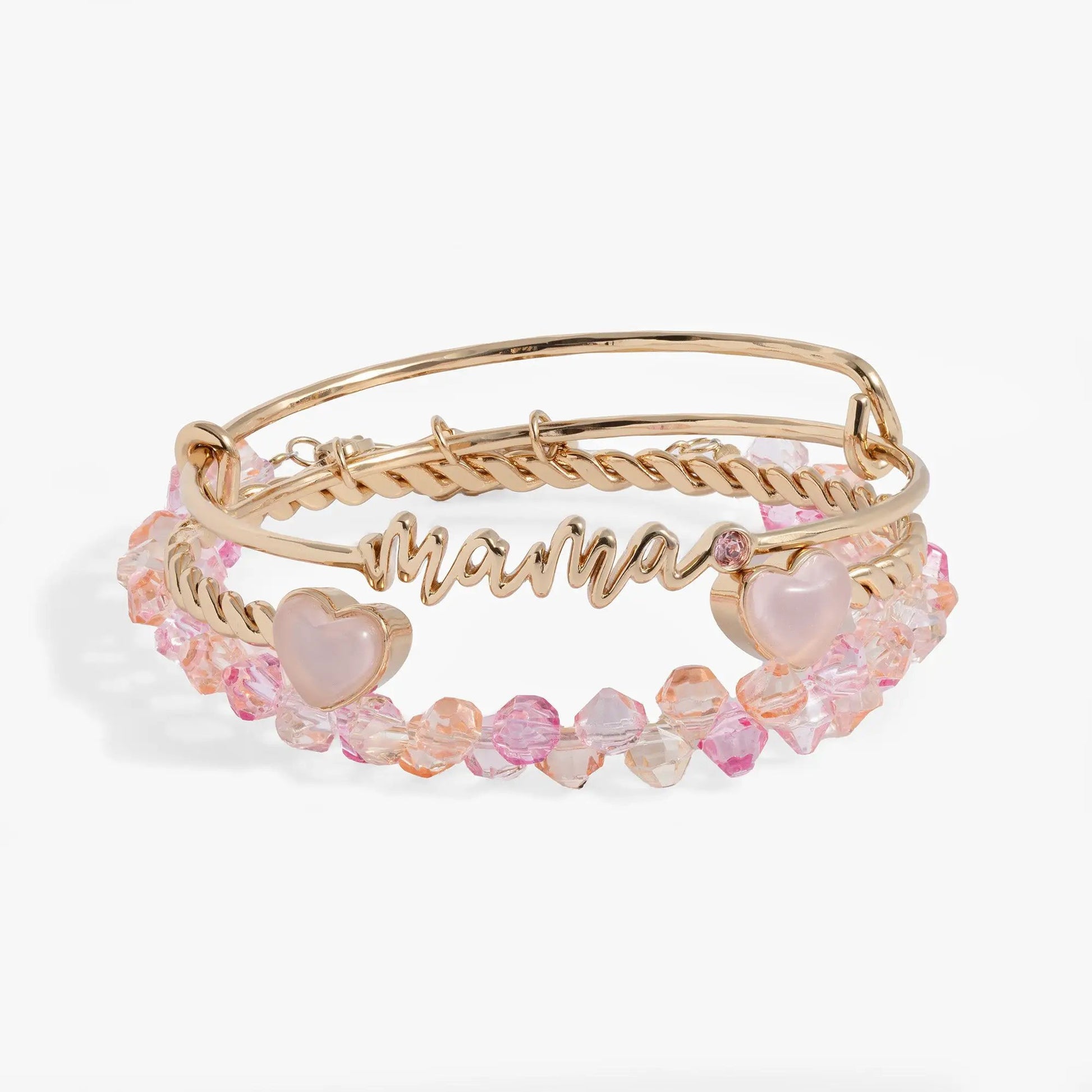 Mama pink beaded bangle set of 3 by Alex and Ani with gold-tone bands and pink crystals on Tampa Home & Garden Store