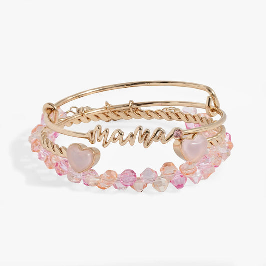 Mama pink beaded bangle set of 3 by Alex and Ani with gold-tone bands and pink crystals on Tampa Home & Garden Store