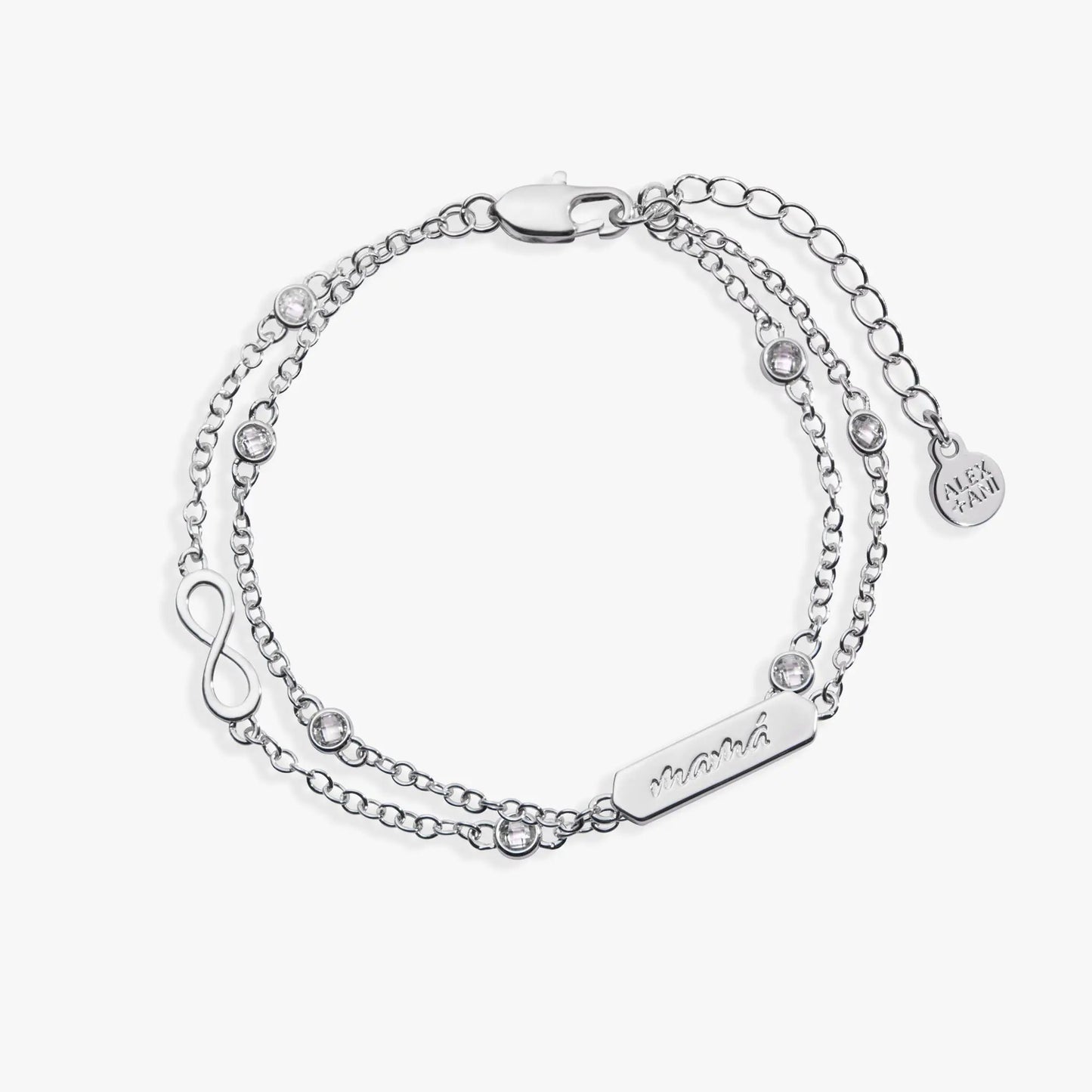 Mamá Infinity Chain Double Strand Bracelet by ALEX AND ANI, silver-tone crystal bead accents on Tampa Home & Garden Store