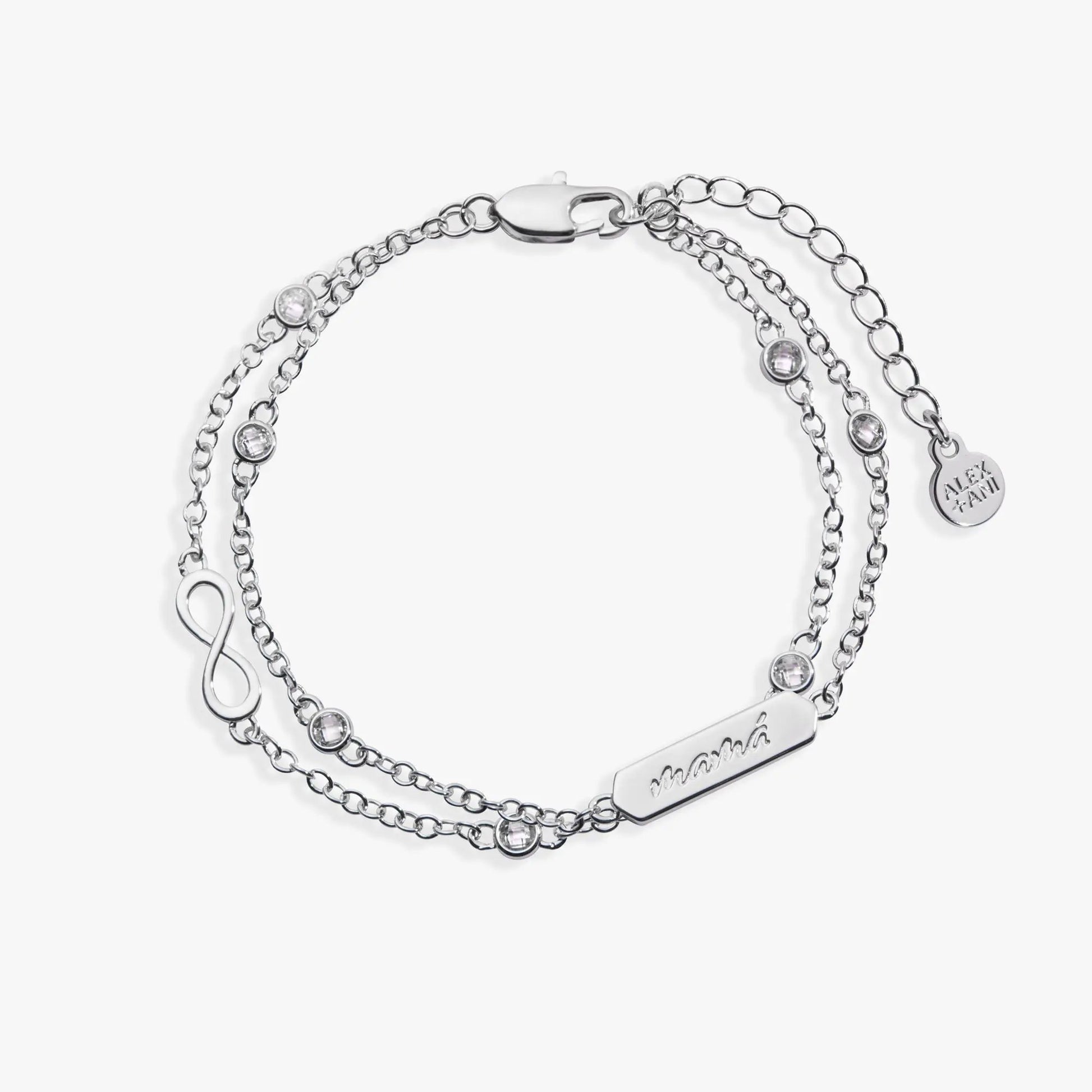 Mamá Infinity Chain Double Strand Bracelet by ALEX AND ANI, silver-tone crystal bead accents on Tampa Home & Garden Store