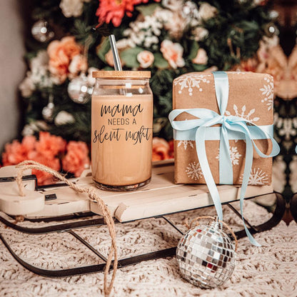 Mama Silent Night 17oz glass cup by Gia Roma with cork lid and metal straw on Tampa Home & Garden Store