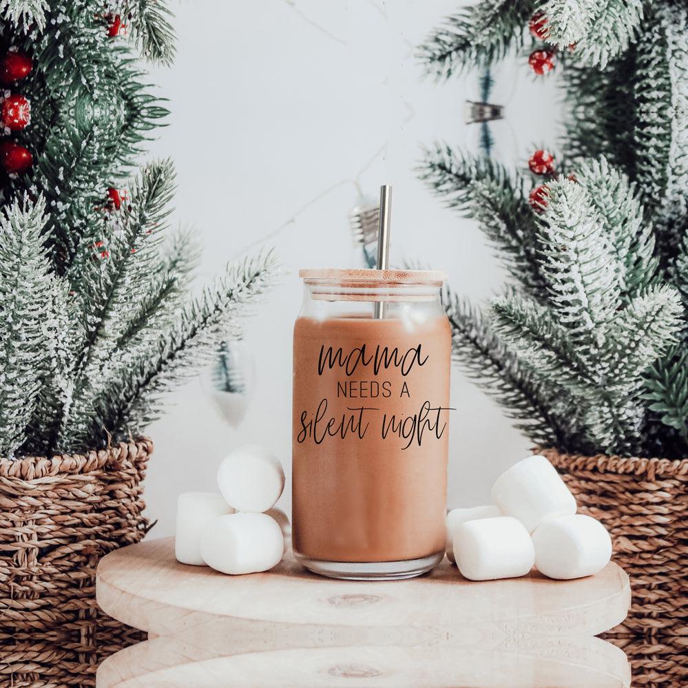 Mama Silent Night 17oz glass cup Gia Roma with chocolate drink and metal straw on Tampa Home & Garden Store