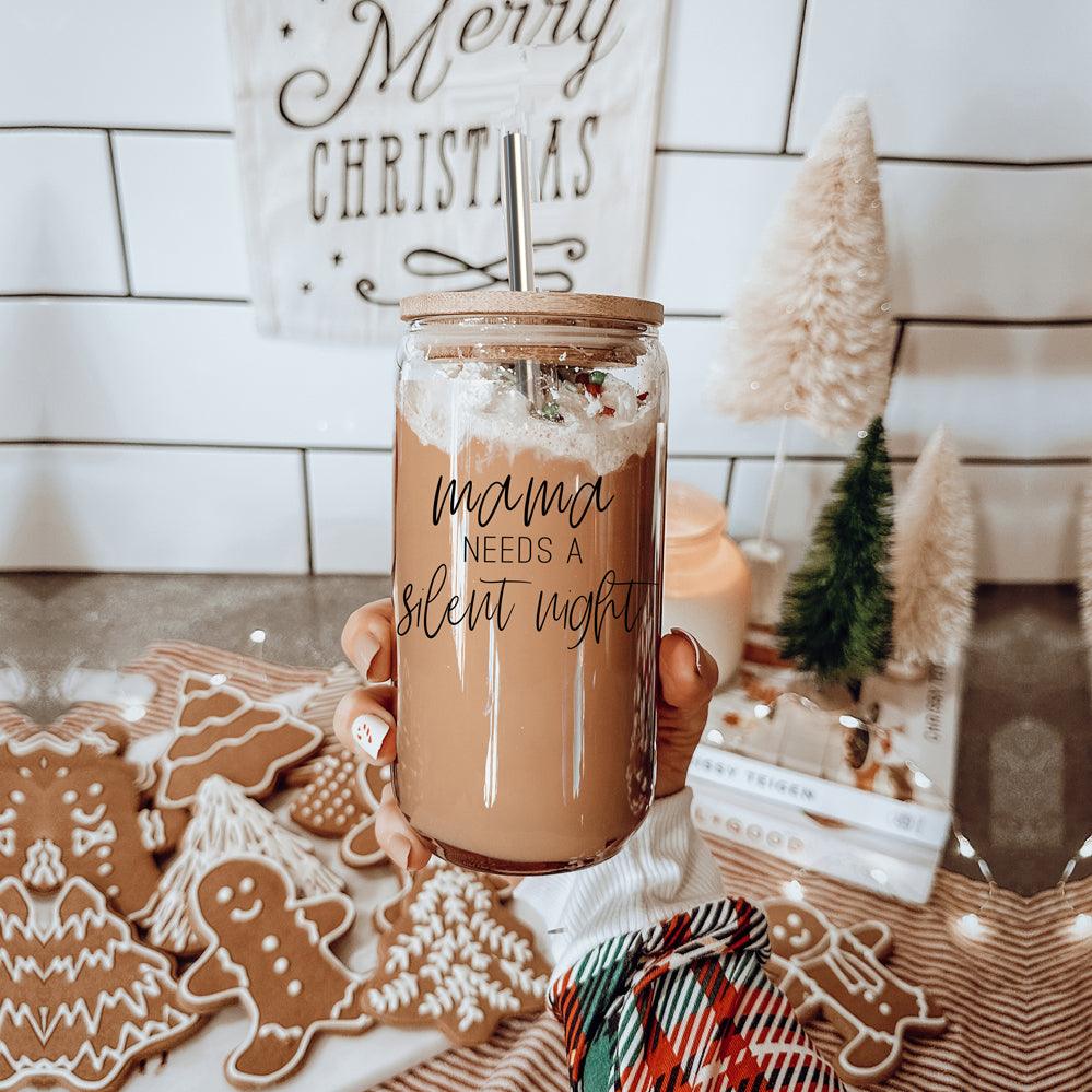 Mama Silent Night 17oz glass tumbler by Gia Roma with wooden lid and straw on Tampa Home & Garden Store