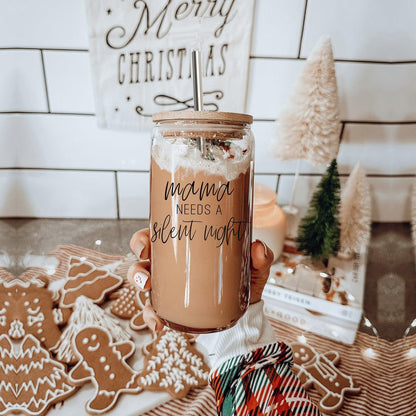 Mama Silent Night 17oz glass tumbler by Gia Roma with wooden lid and straw on Tampa Home & Garden Store